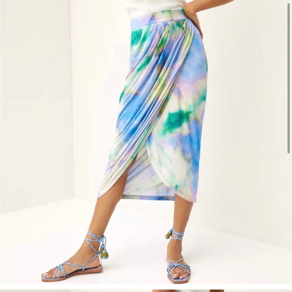 Anthro Conditions Apply Delphina Ruched Midi Multi Color Watercolor Skirt Small